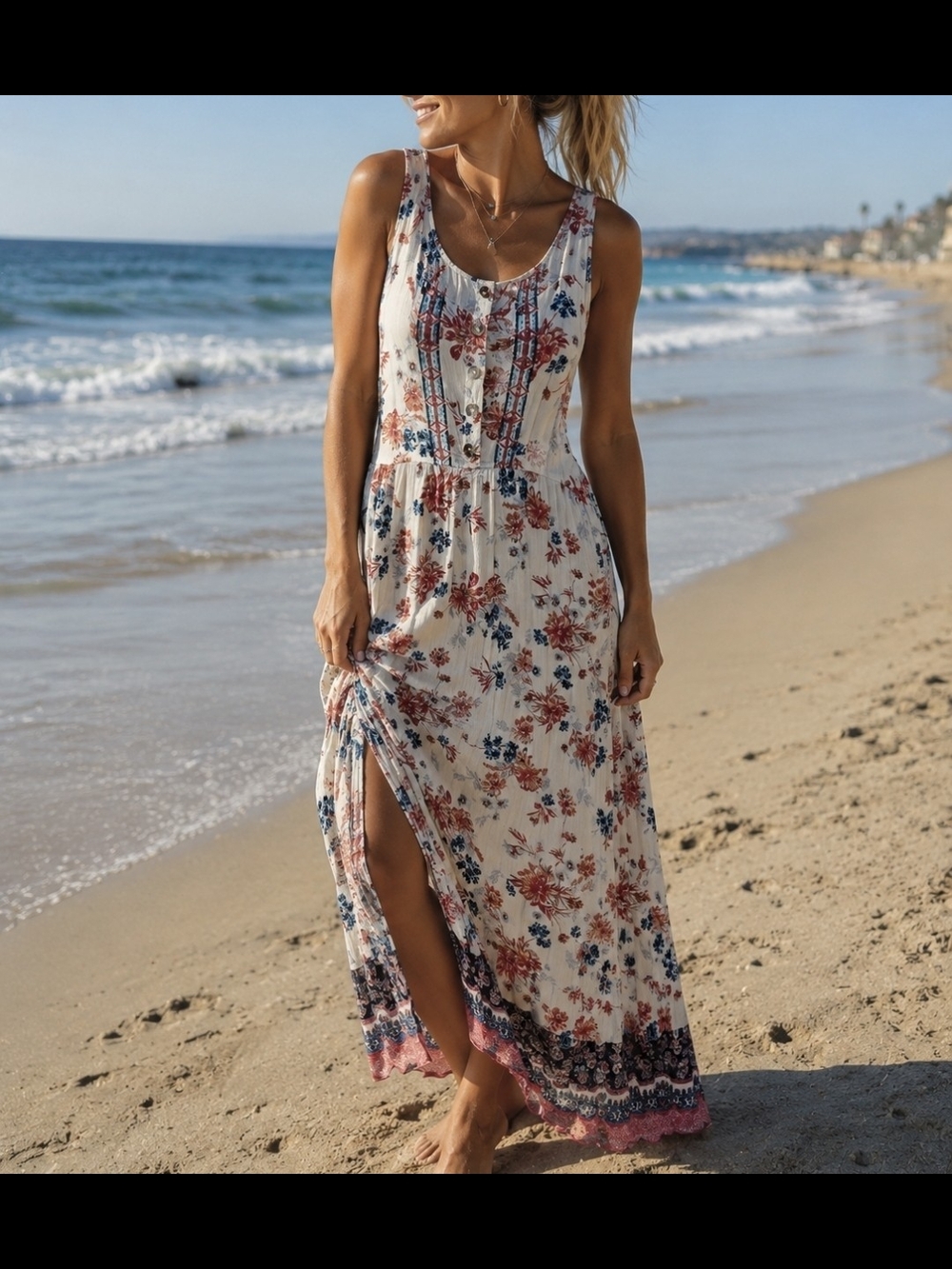 Knox Rose Boho White Maxi Dress with Pink & Blue Floral Print